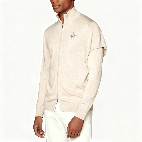 Beige Compass Embroidered Half-Zip Knit Jacket